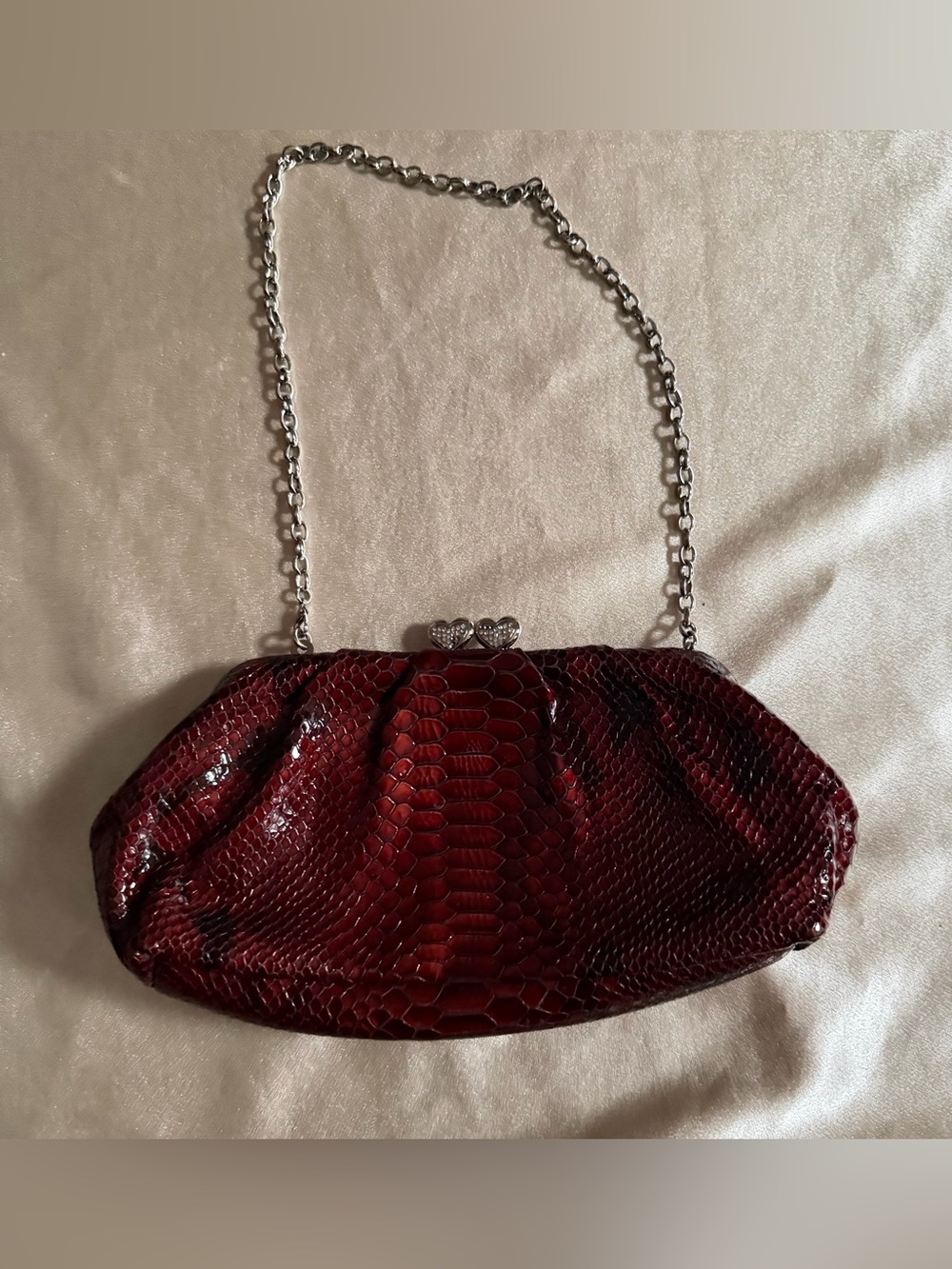 Brighton Limited Edition Red Python Embossed Leather Heart Kiss Lock Clutch Bag